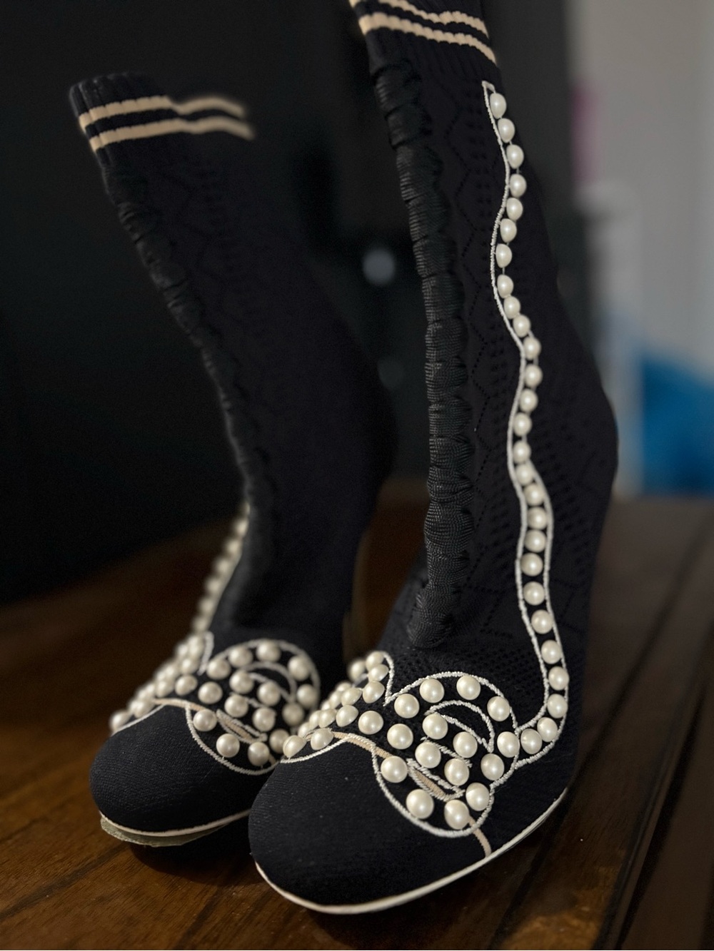 Fendi Black Sock Booties with Pearl Trim